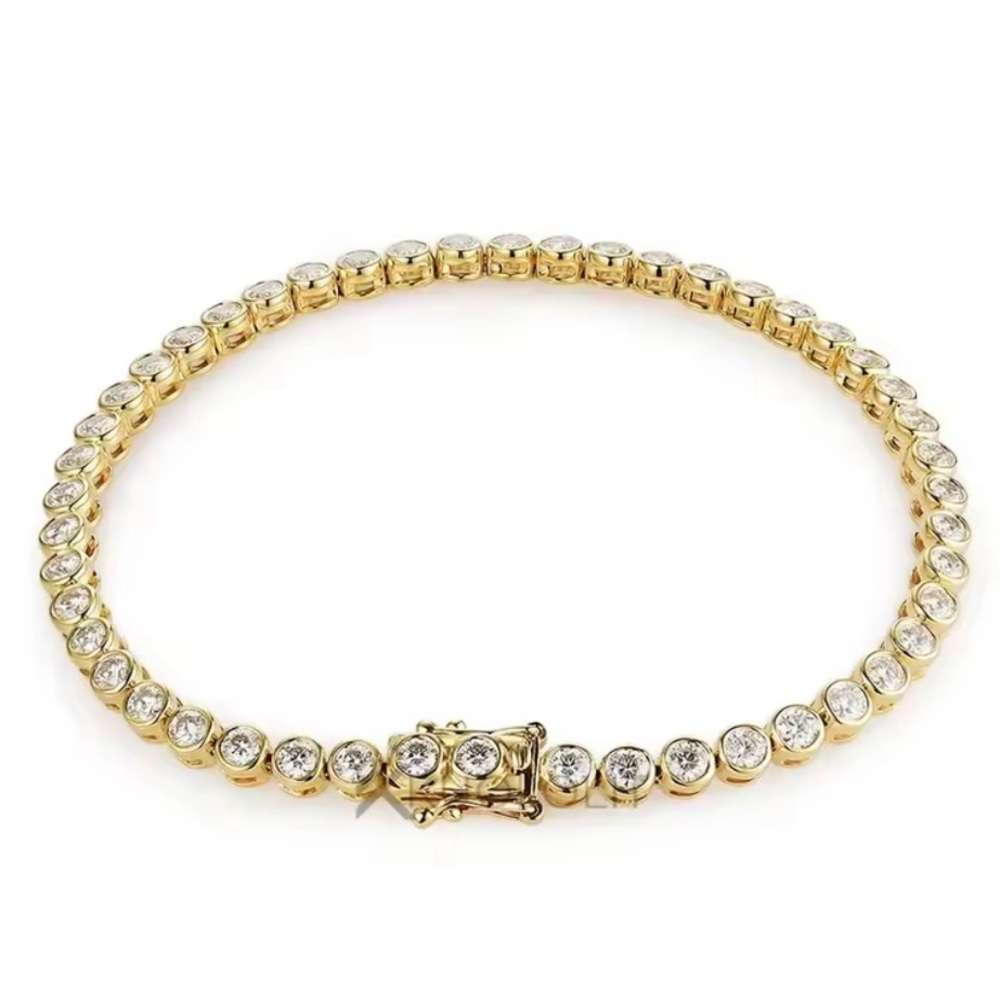 Tennis Bracelet: 14k Gold-Plated Silver Bezel Set 3mm Moissanite